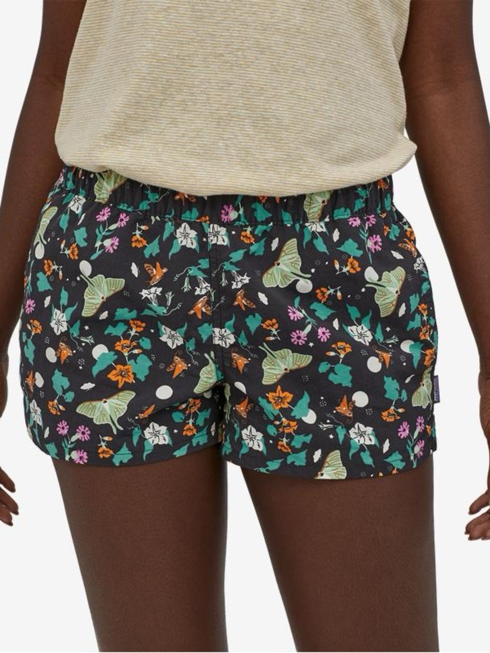 Patagonia Women's Barely Baggies Shorts - 2½" size S black floral moth design